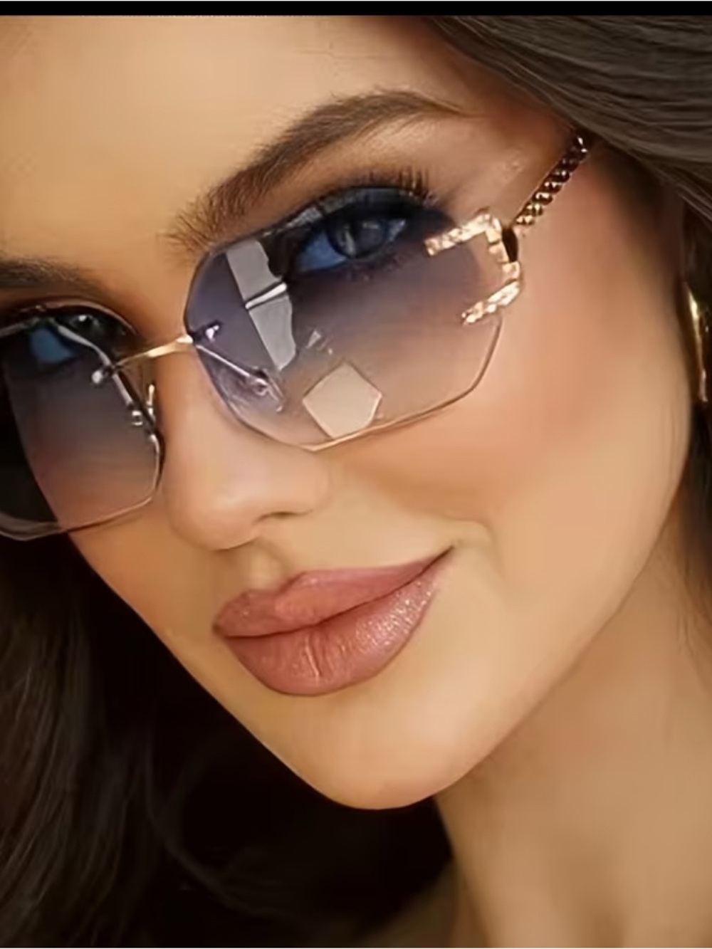 Stylish Gradient Blue Rimless Women's Sunglasses - Gold Frame